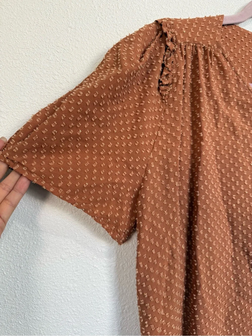 Johnny Was Brown Swiss Dot Boho Peasant Blouse L Ruffle V-Neck Top - Picture 5 of 8